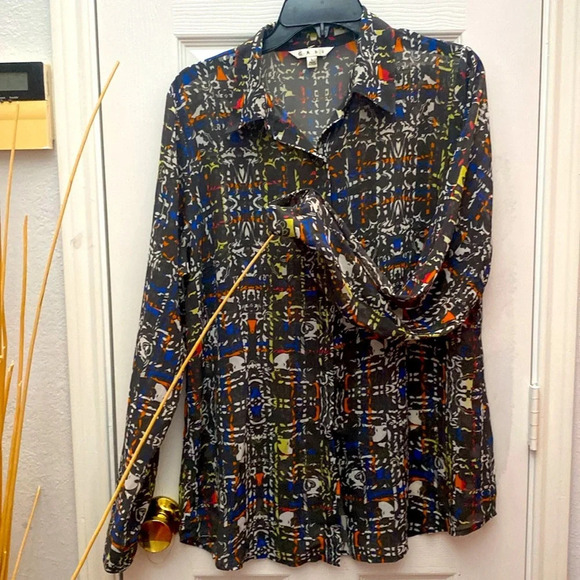 Cabi  Black Flowy Sheer Abstract Design Button-Down Blouse Top Shirt  Size L - Picture 3 of 5